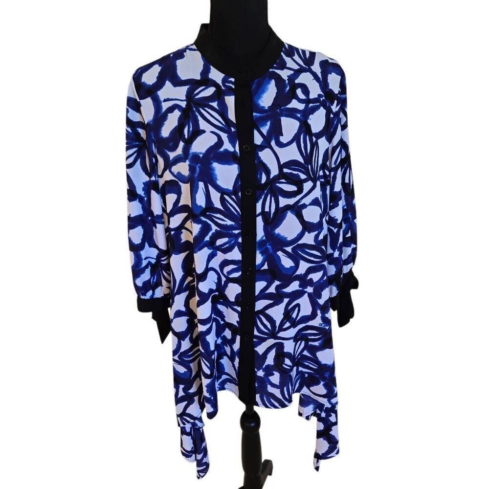 Slim Factor by Investments Womens Blue Swirl Button Front Tunic Medium